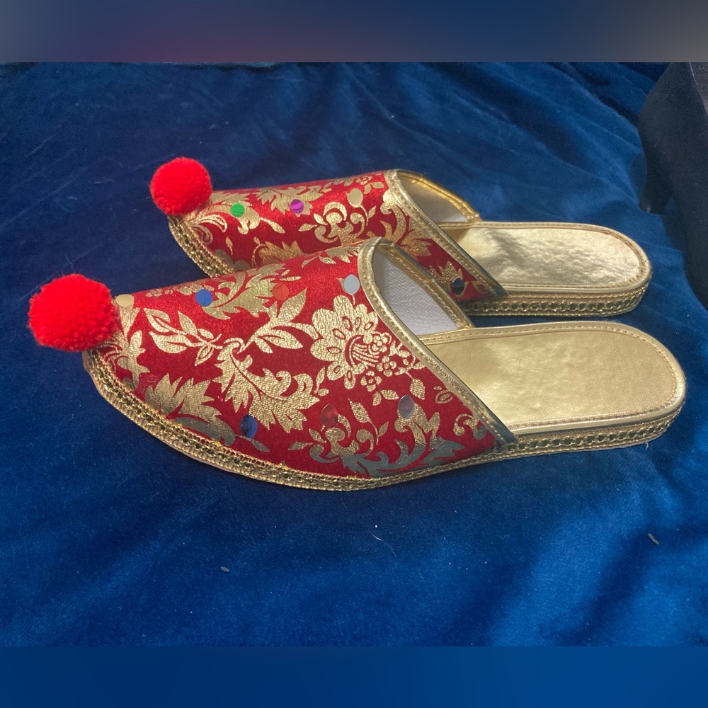 Authentic Turkish Babouche Slippers - Red and Gold with Pom Pom - Size 41